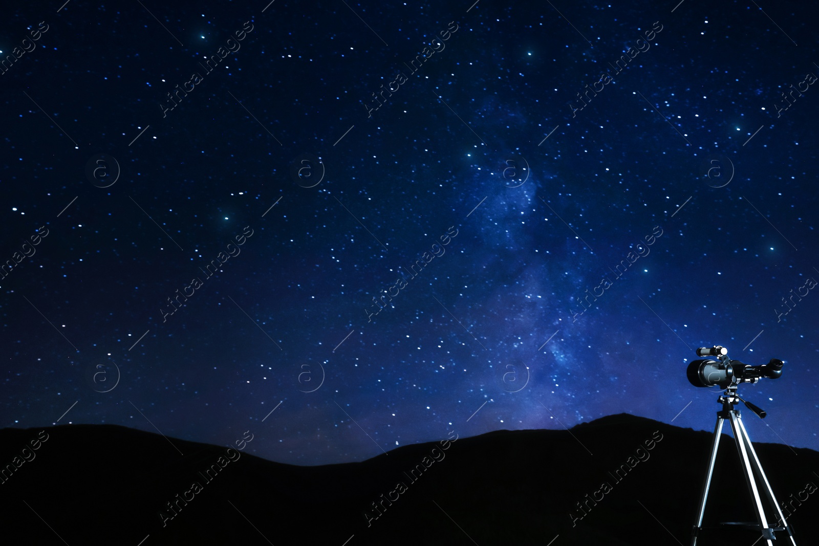 Photo of Modern telescope and beautiful sky in night outdoors. Learning astronomy