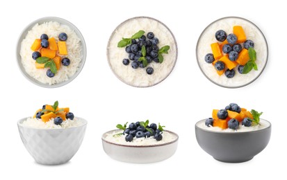 Image of Set with tasty rice in bowls isolated on white, top and side views