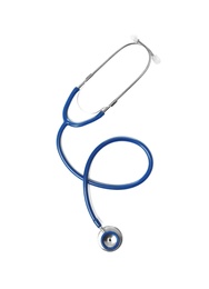 Photo of Stethoscope on white background, top view. Medical students stuff