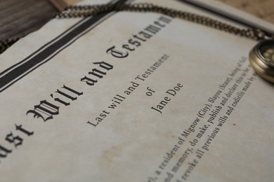 Photo of Last Will and Testament on table, closeup