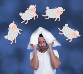 Image of Insomnia. Tired man covering head with pillow. Illustrations of sheep jumping above him against blurred background