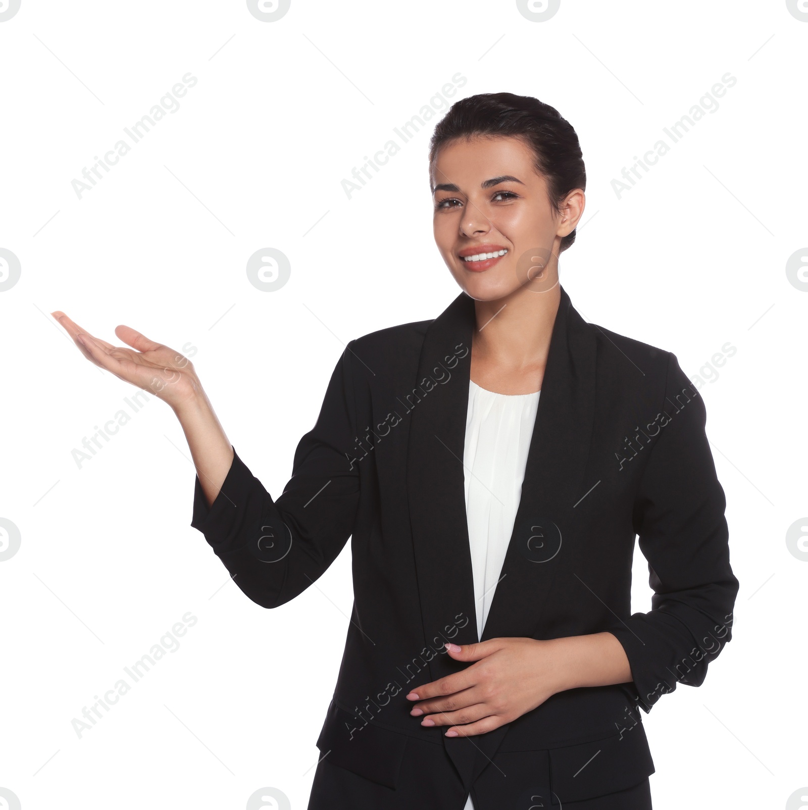 Photo of Portrait of hostess in uniform on white background