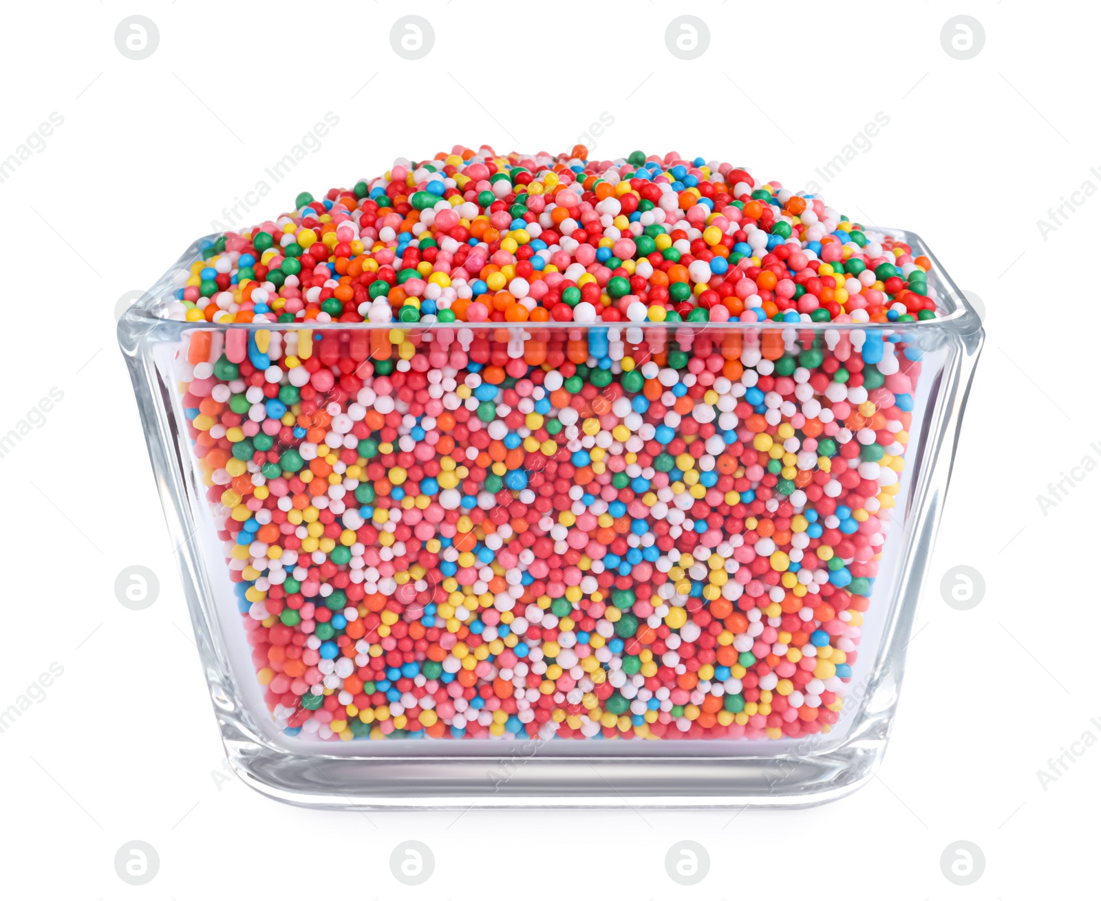 Photo of Colorful sprinkles in bowl on white background. Confectionery decor