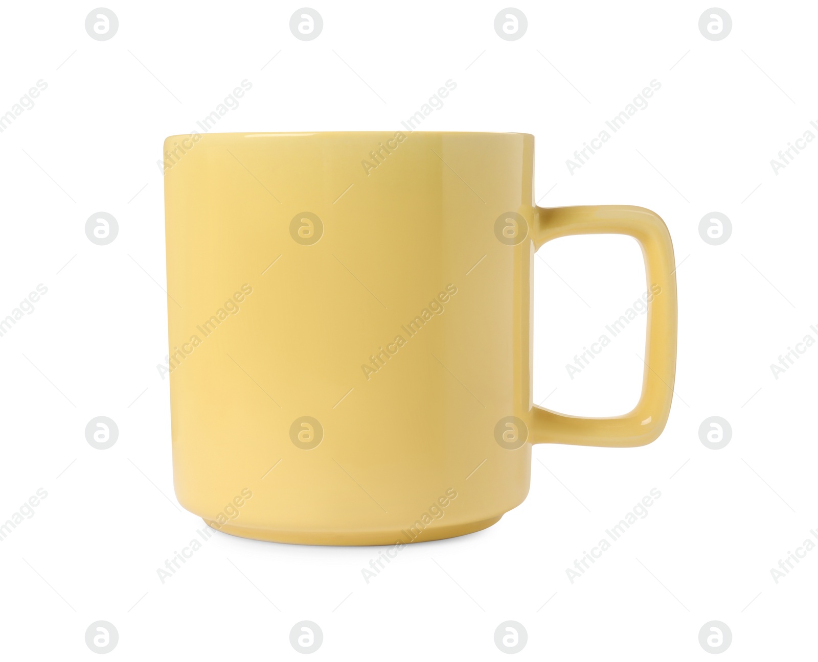 Photo of One yellow ceramic mug isolated on white