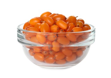 Fresh ripe sea buckthorn berries in bowl on white background