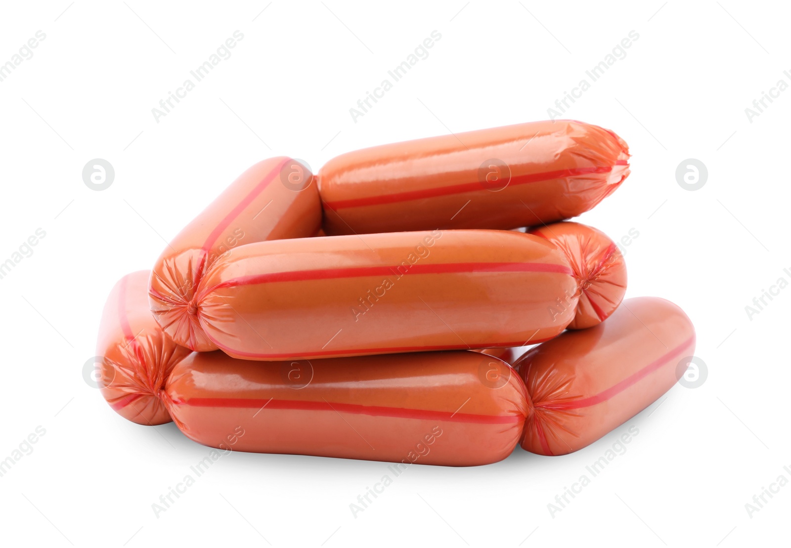 Photo of Many delicious boiled sausages isolated on white