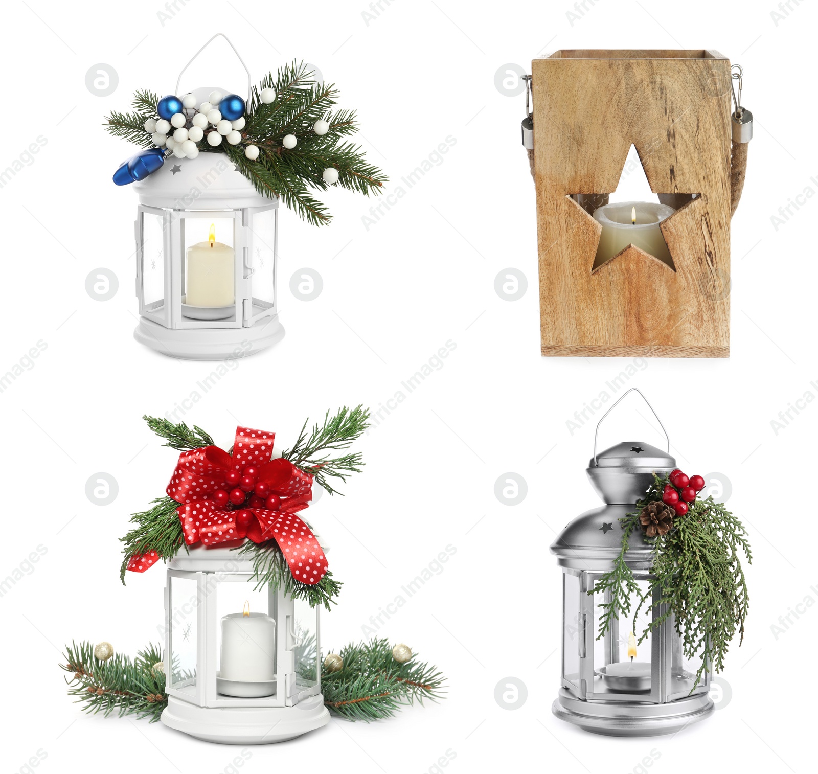 Image of Set with beautiful decorative Christmas lanterns on white background