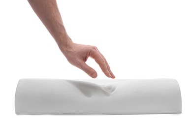 Man with orthopedic memory foam pillow on white background, closeup