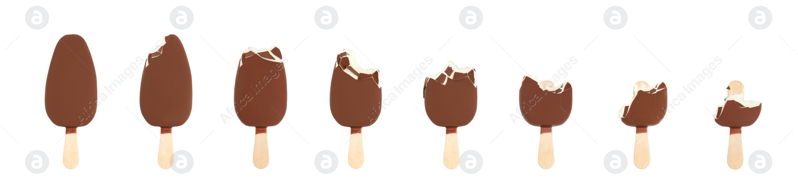 Image of Delicious glazed ice cream on white background, collage. Banner design