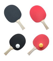 Image of Set with ping pong rackets and balls on white background, top view