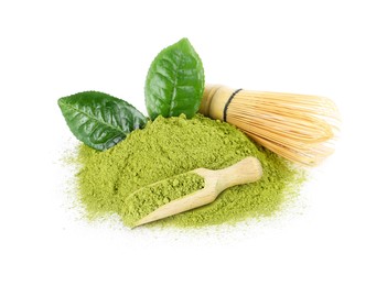 Photo of Scoop with green matcha powder and leaves isolated on white