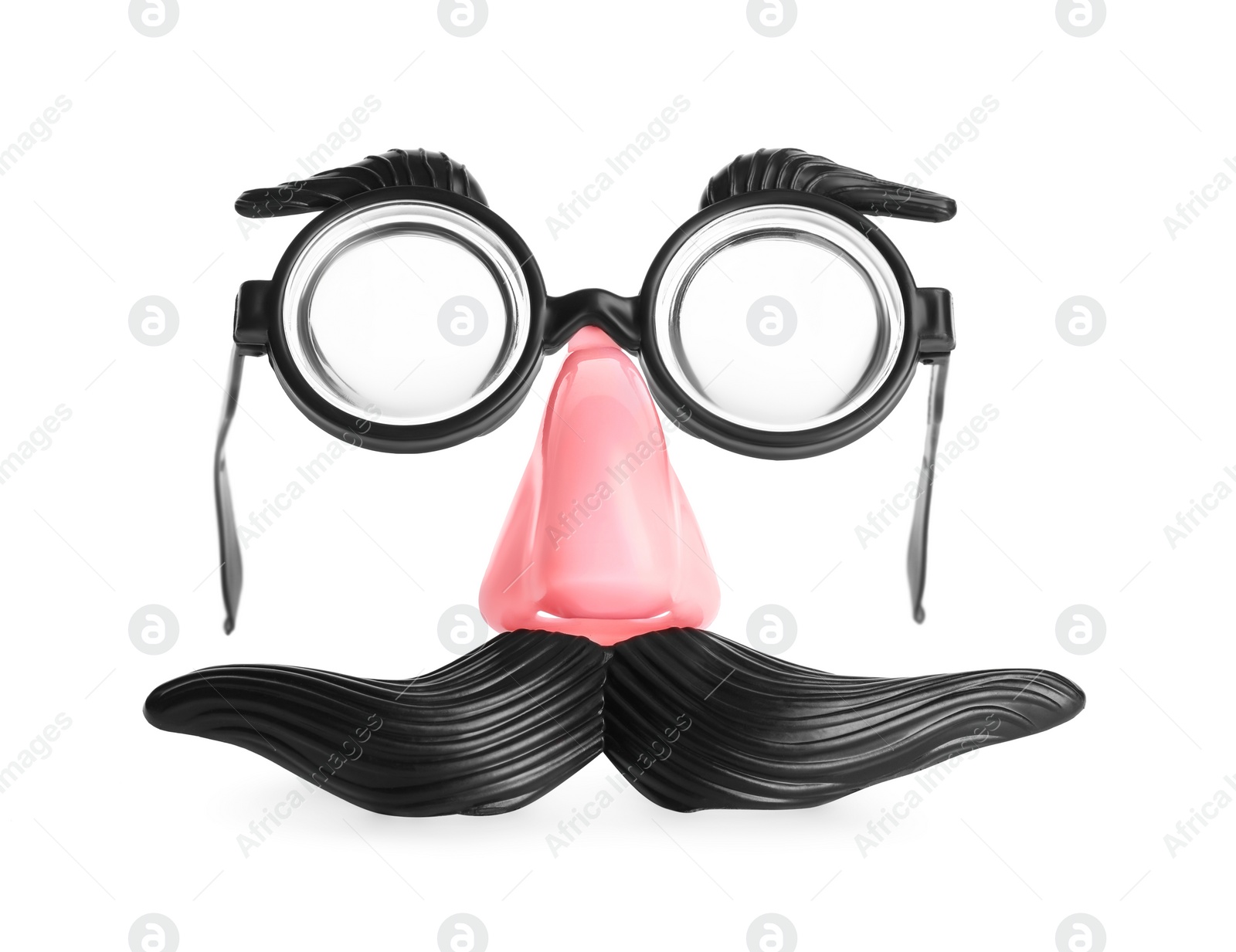 Photo of Funny mask with fake mustache, nose and glasses isolated on white