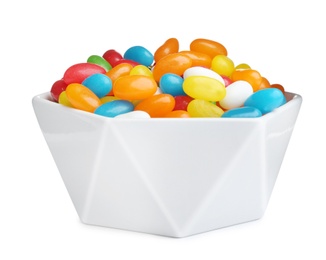 Bowl of tasty jelly beans on white background