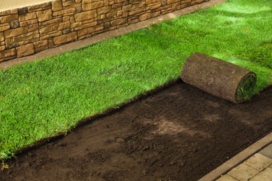 Photo of Laying grass sods at backyard. Home landscaping