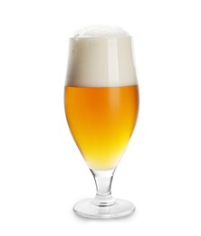 Glass of tasty light beer on white background