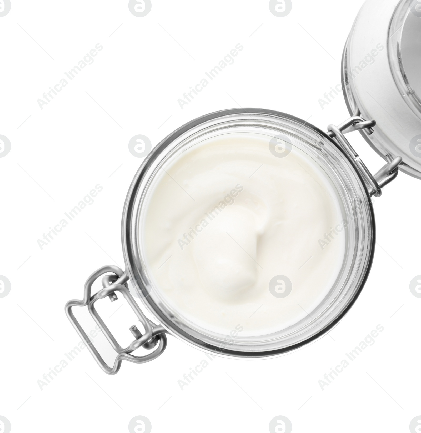 Photo of Jar with yummy yogurt on white background