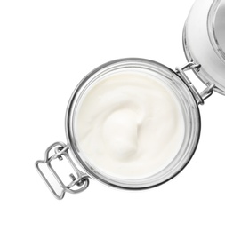 Photo of Jar with yummy yogurt on white background