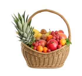 Photo of Wicker basket with different fresh fruits isolated on white