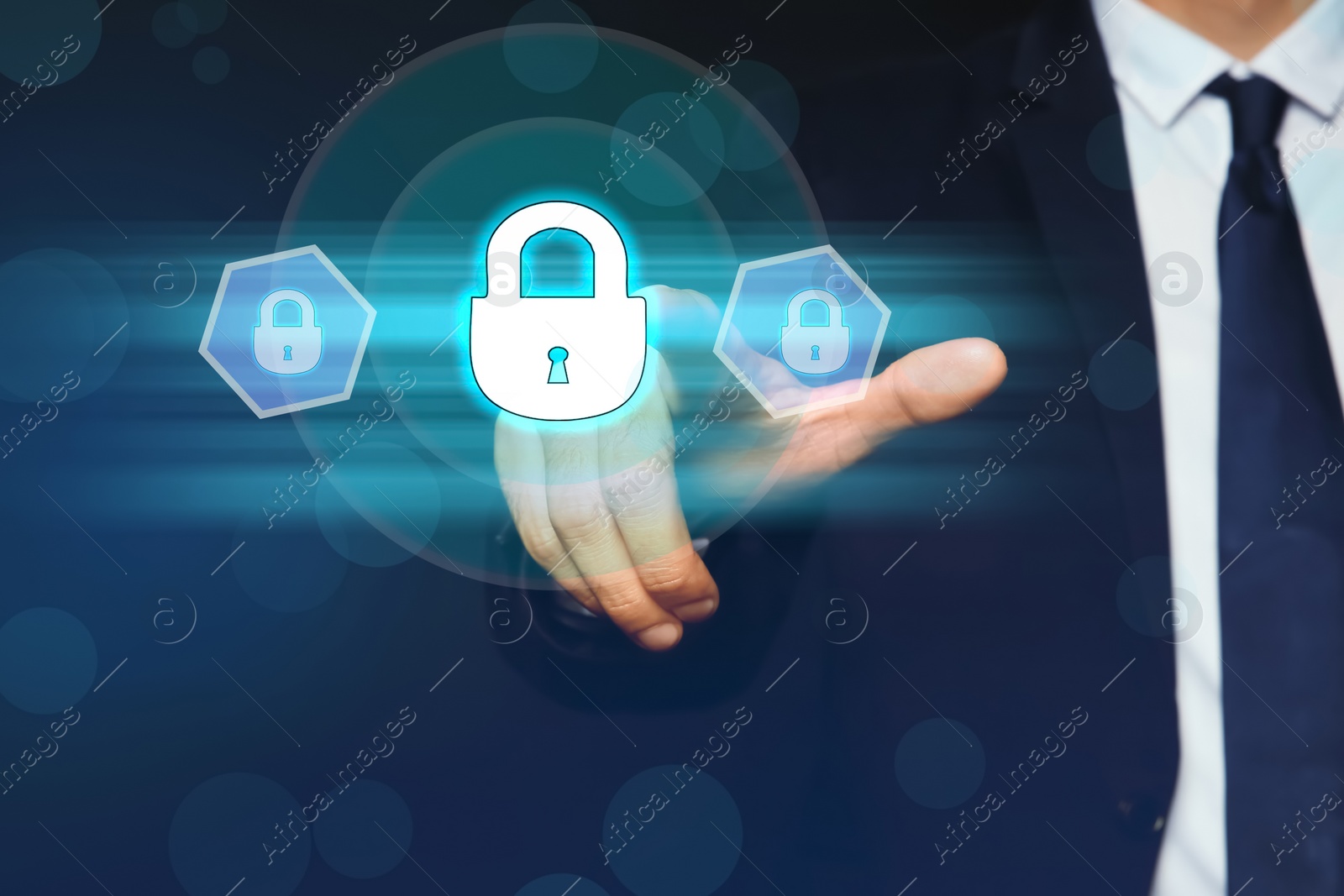 Image of Cyber security concept. Man using virtual screen with padlock illustration, closeup 