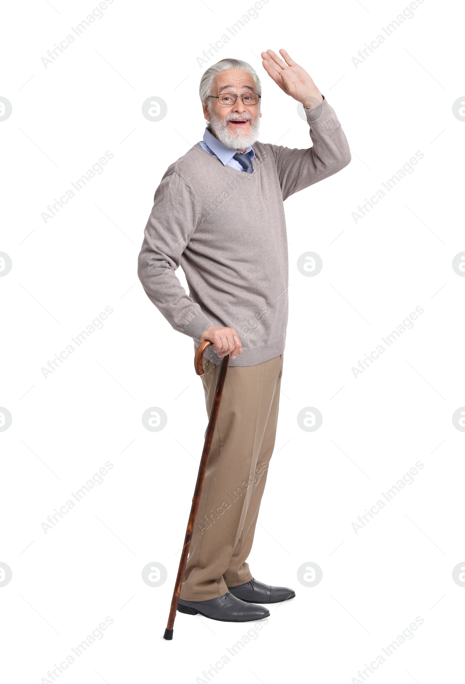 Photo of Senior man with walking cane on white background