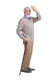 Photo of Senior man with walking cane on white background