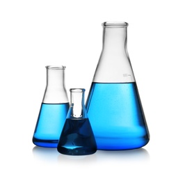 Photo of Conical flasks with blue liquid on white background. Laboratory glassware