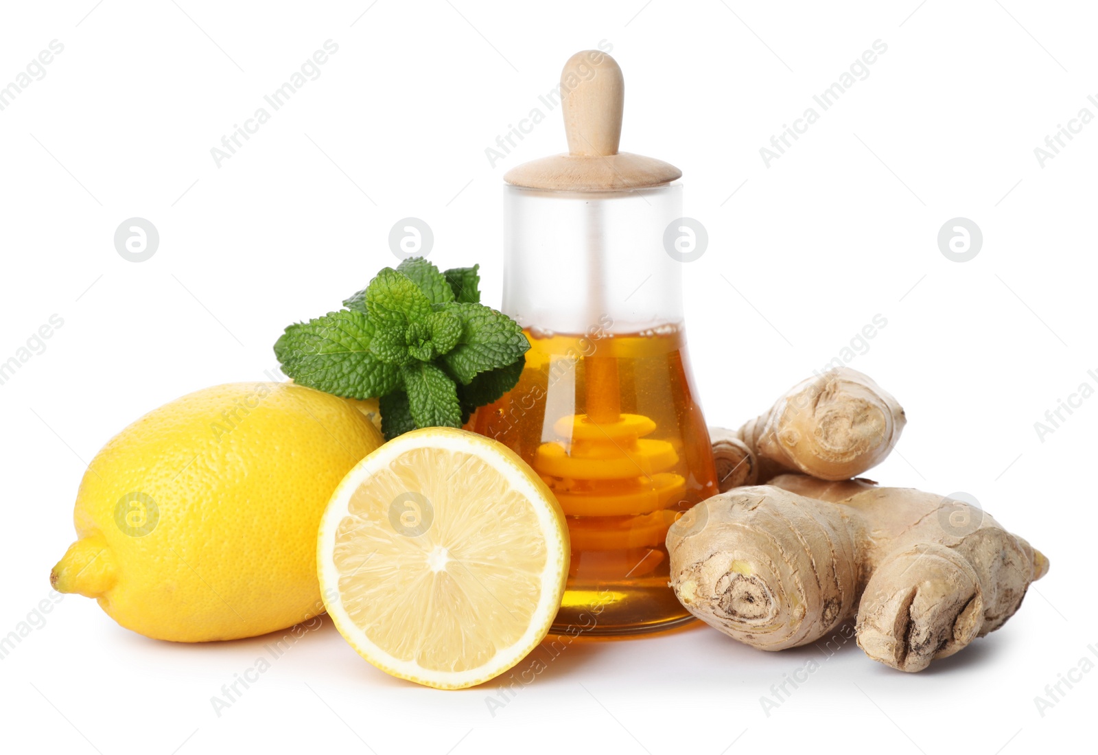 Photo of Jar of honey, ginger, mint and lemons on white background. Cough remedies