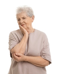 Elderly woman suffering from tooth ache on white background
