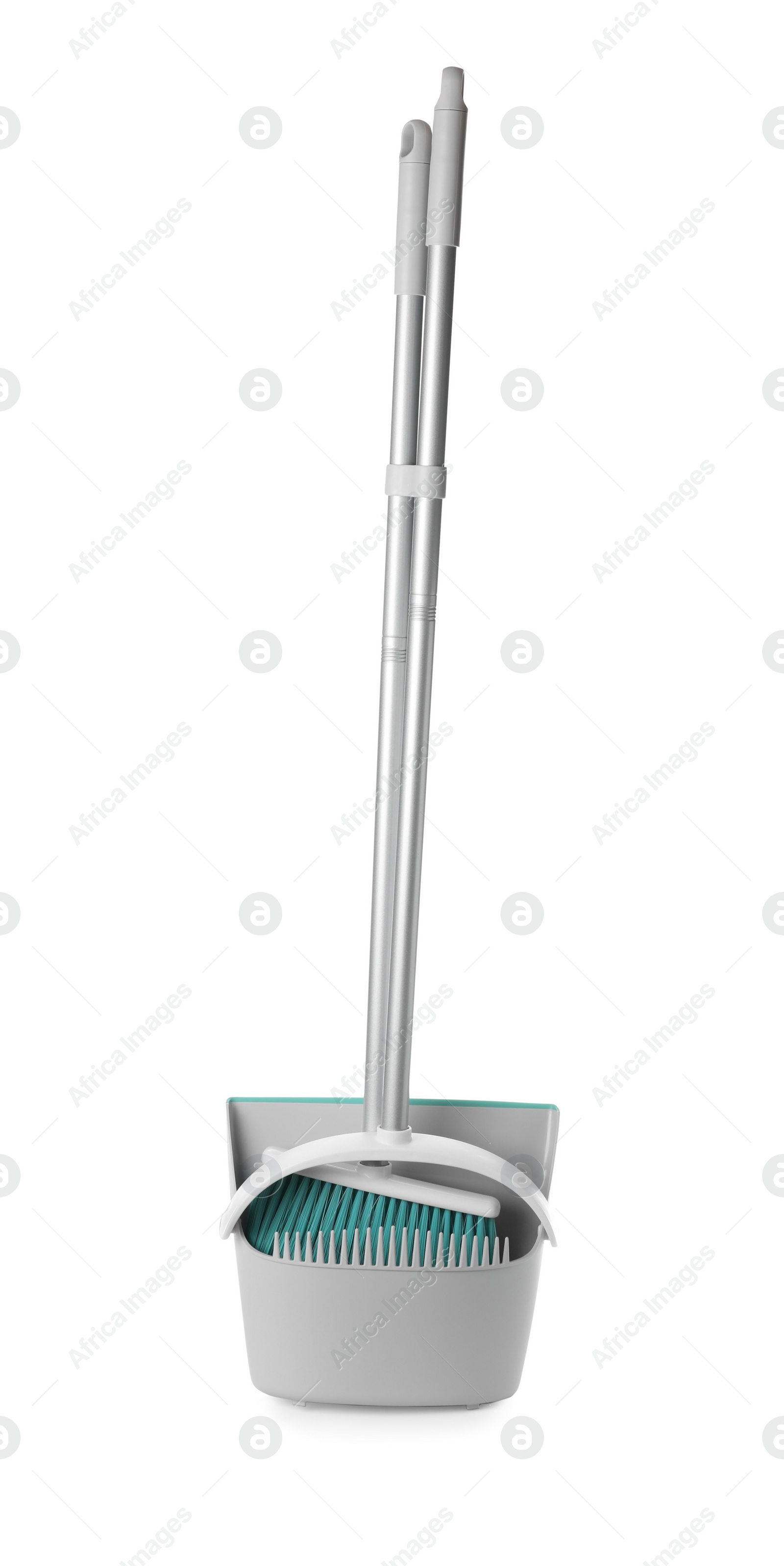 Photo of Plastic broom and dustpan isolated on white