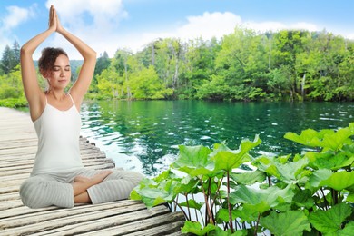 Woman meditating on wooden pier near river, space for text