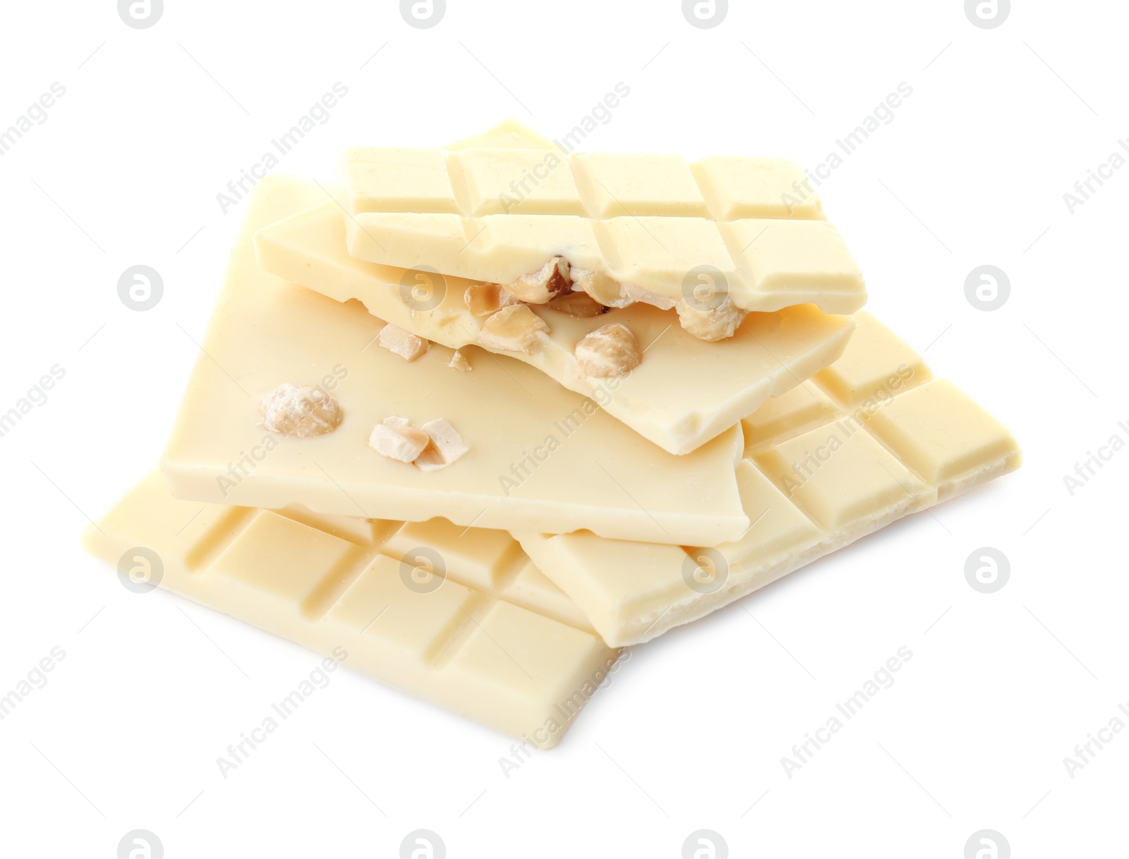 Photo of Delicious chocolate with nuts on white background