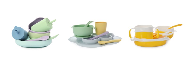 Image of Set with different dishware on white background, banner design. Serving baby food
