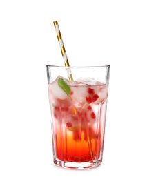 Tasty cocktail with pomegranate ice cubes on white background
