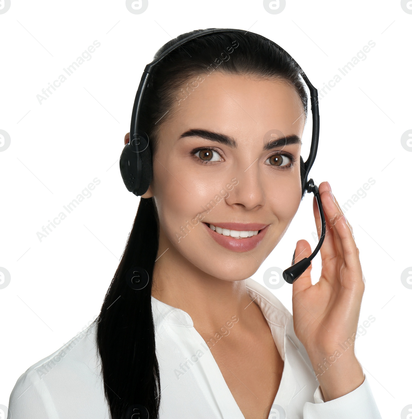 Photo of Beautiful young consulting manager with headset on white background