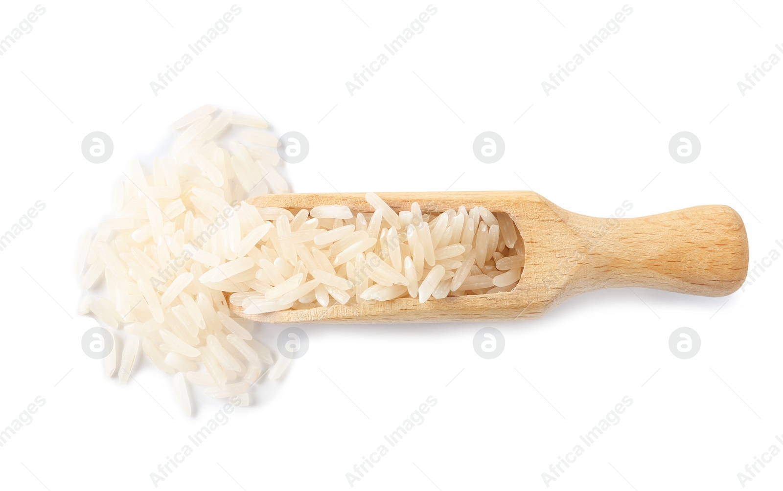 Photo of Scoop with uncooked long grain rice on white background, top view