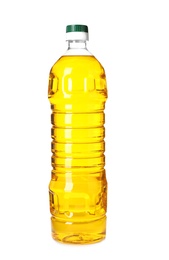 Photo of Plastic bottle of oil on white background