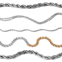 Set of different jewellery chains isolated on white