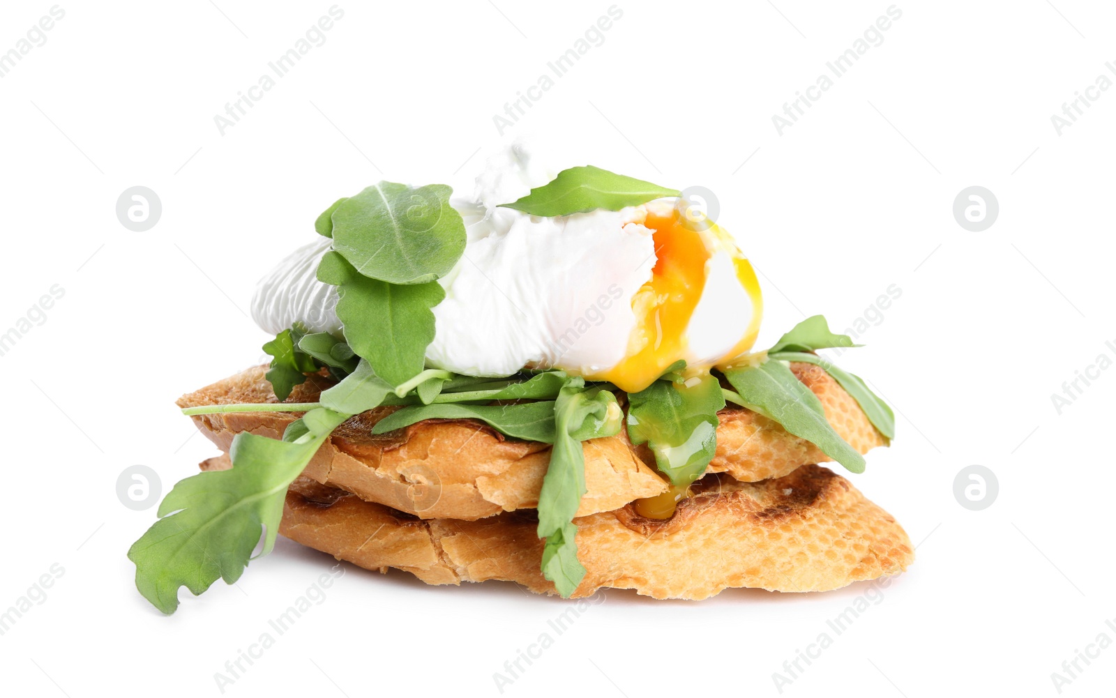Photo of Delicious sandwich with arugula and egg isolated on white