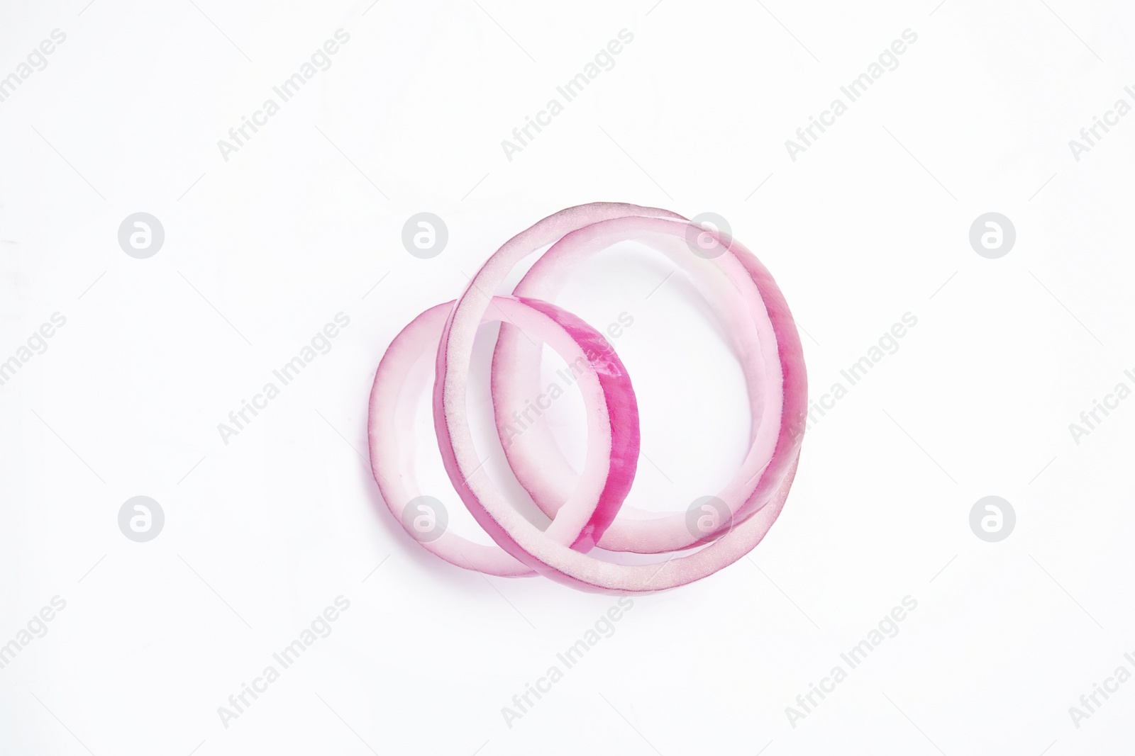 Photo of Fresh slices of red onion on white background