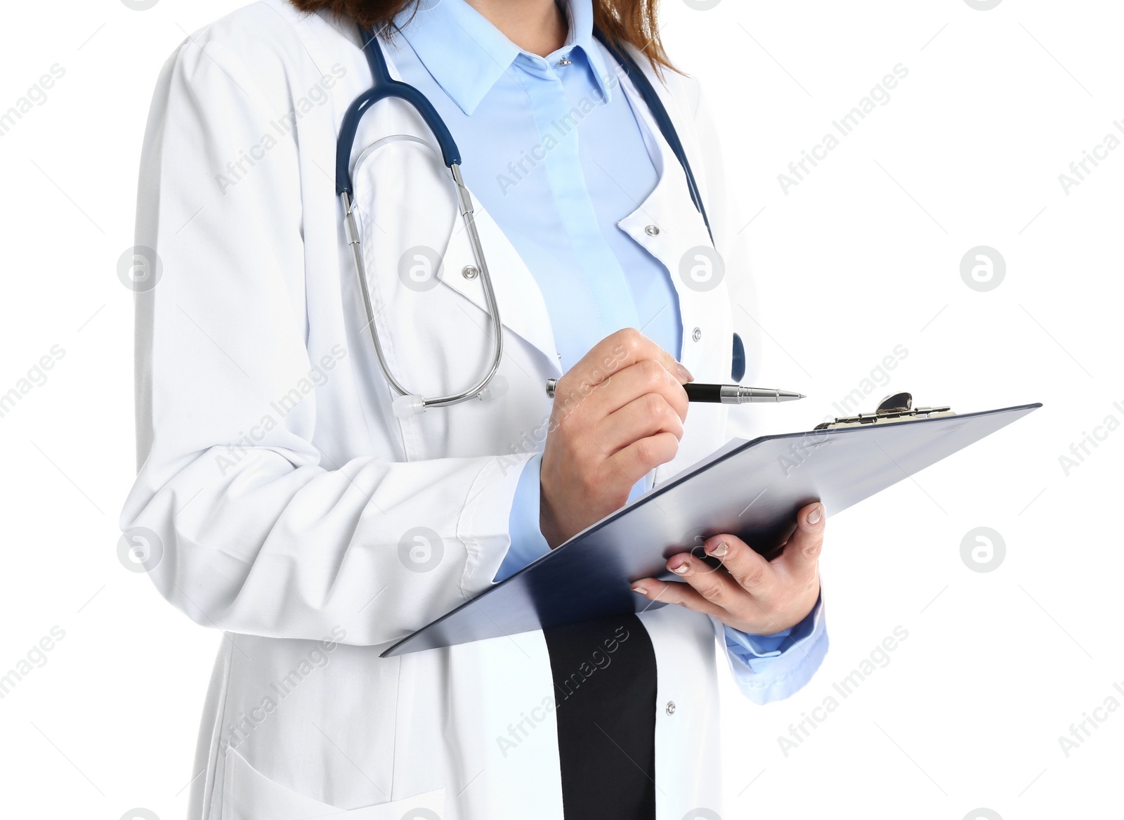 Photo of Doctor with clipboard in uniform on white background, closeup. Medical service