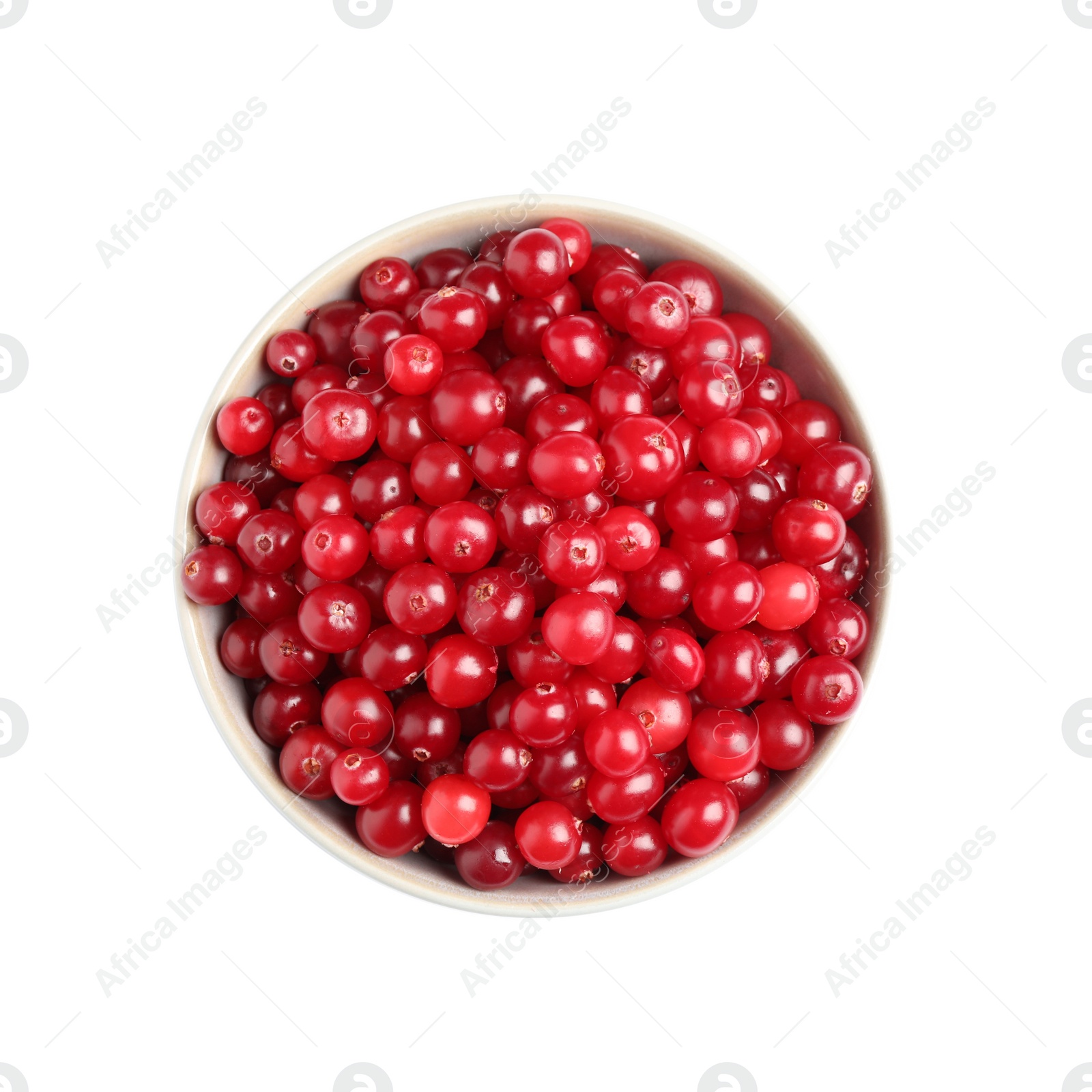 Photo of Fresh ripe cranberries in bowl isolated on white, top view