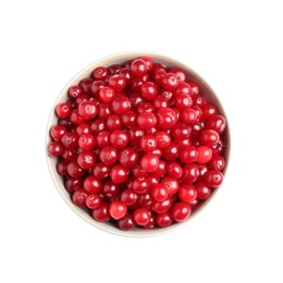 Fresh ripe cranberries in bowl isolated on white, top view