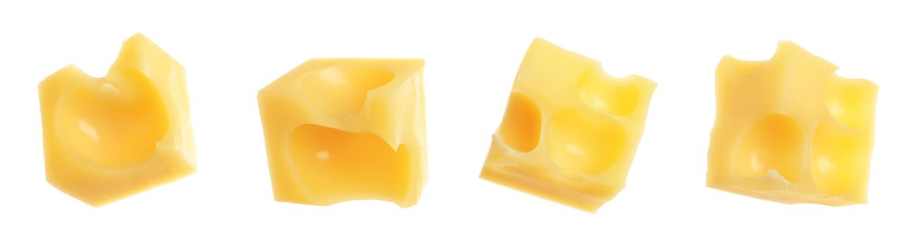 Image of Pieces of delicious cheese on white background, collage. Banner design