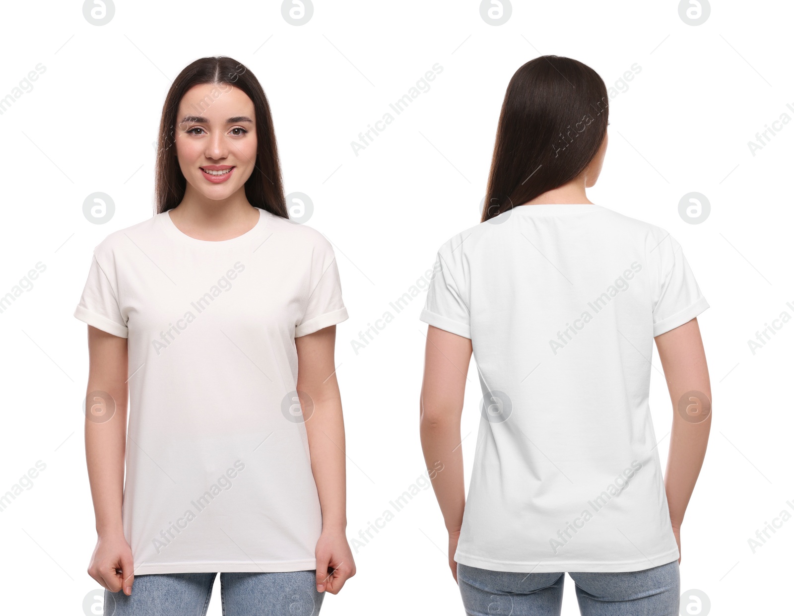 Image of Woman wearing casual t-shirt on white background, mockup for design. Collage with back and front view photos