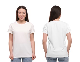 Image of Woman wearing casual t-shirt on white background, mockup for design. Collage with back and front view photos