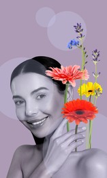 Image of Young woman with beautiful flowers and leaves on color background. Stylish creative collage design