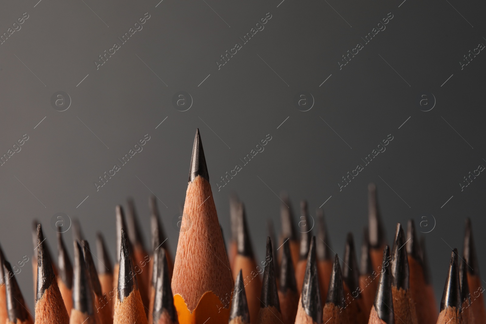 Photo of Many sharp graphite pencils on grey background, closeup. Space for text