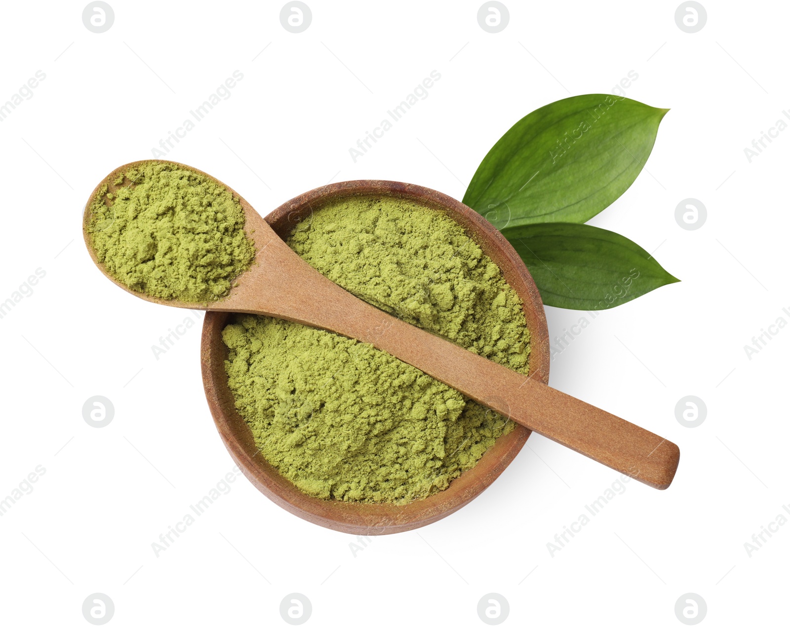 Photo of Henna powder in bowl, spoon and green leaves isolated on white, top view