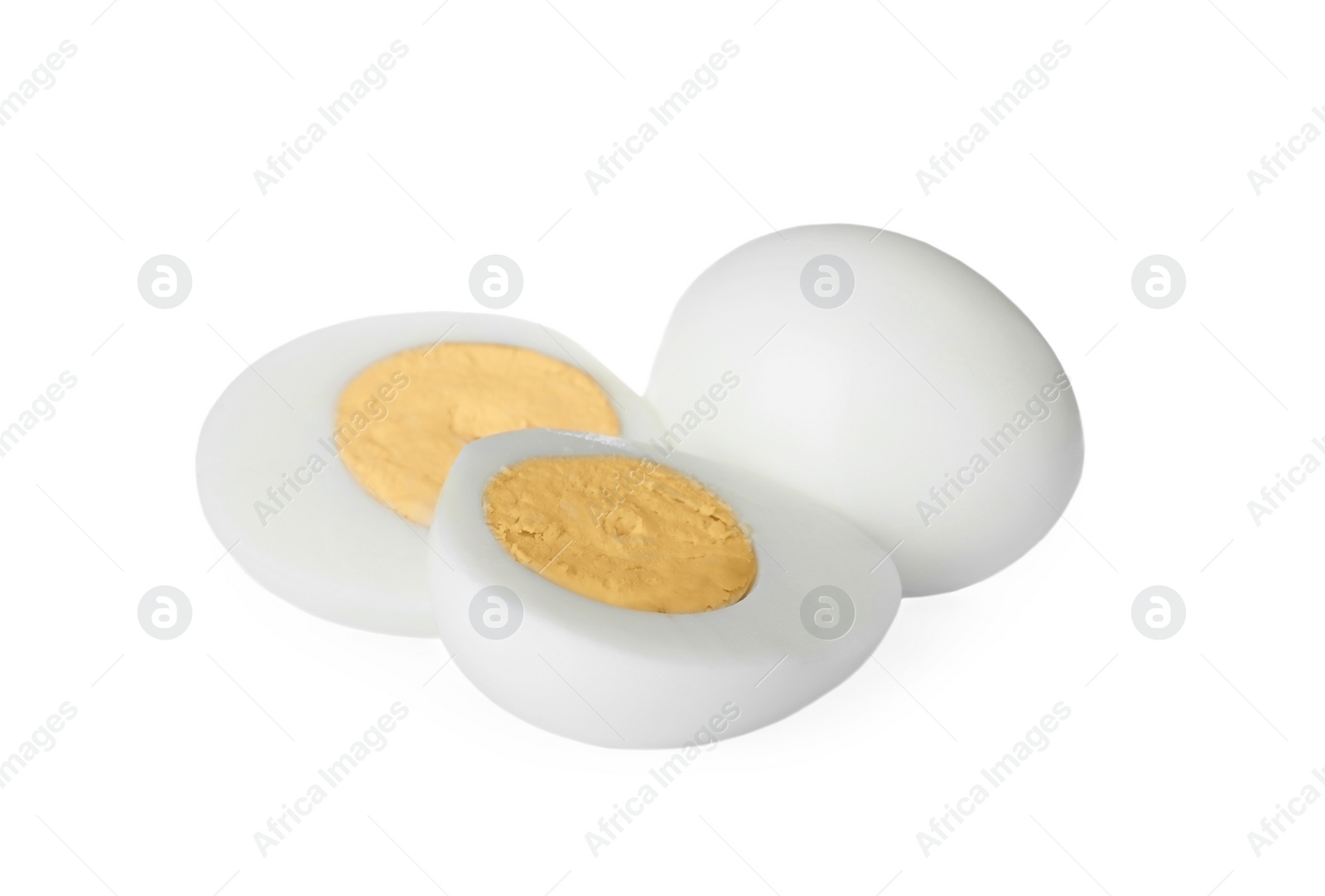 Photo of Fresh peeled hard boiled eggs on white background