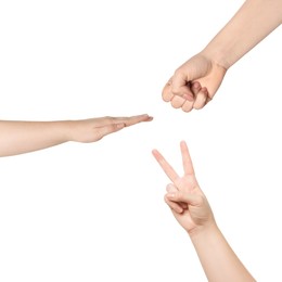 Image of People playing rock, paper and scissors on white background, top view